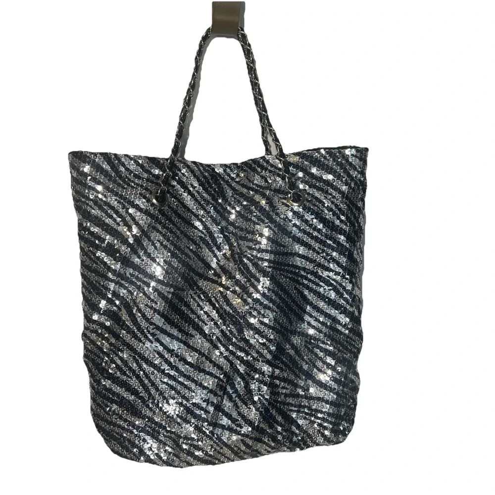 Under One Sky Medium Zebra Print Sequins Black & Silver Tote Bag‎